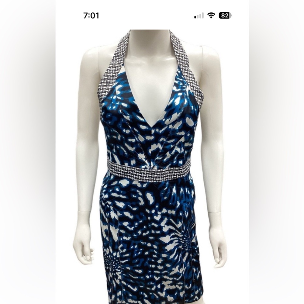 Roberto Cavelli Women's Blue Patterned V-Neck Dress